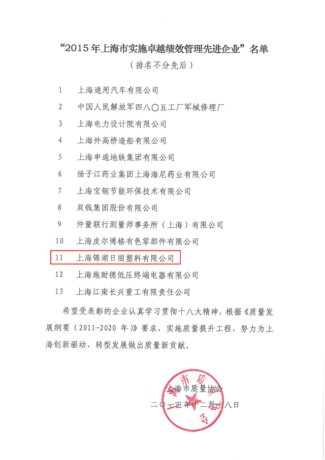 2015年上海市实施卓越绩效管理先进企业名单