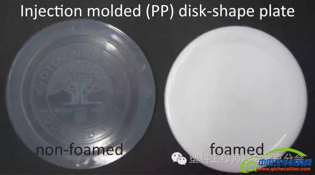 图3 聚丙烯(PP)注塑制品(左)和它的微孔泡沫(右) 