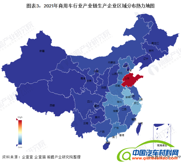 图表3：2021年商用车行业产业链生产企业区域分布热力地图
